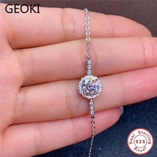 Geoki Passed Diamond Test 1 Ct Round Perfect Cut D Color VVS1 Moissanite Bracelet 925 Sterling Silver Engagement Bracelet Chain