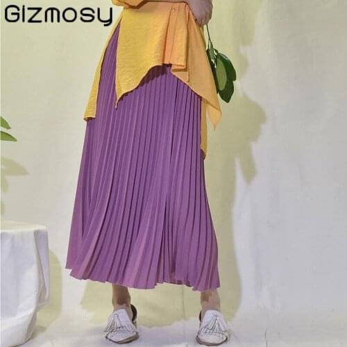 Gizmosy 2021 Autumn Women Vintage Pleated Midi Long Skirt Female Casual High Waist Chiffon Skirt Jupe Faldas 18 Colors