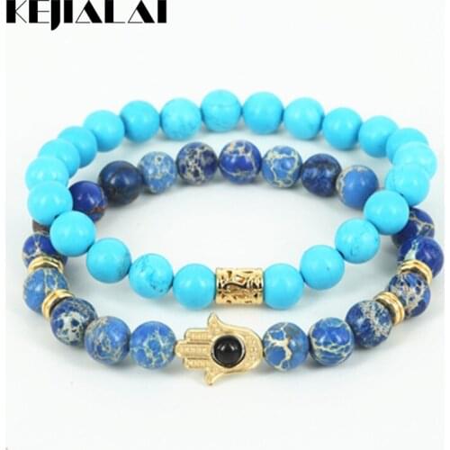 KEJIALAI 2pcs High Quality Bracelets Natural Regalite Round Stone Beads Men Bracelet Beaded Hamsa Hand Women Bracelet A0583