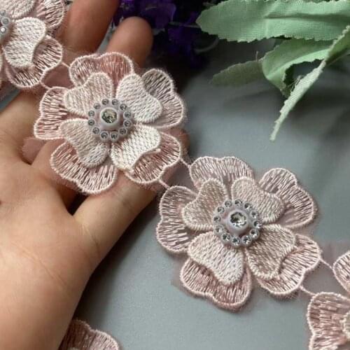 10 x Pink 5X5cm 3D Lace Trim Heart Flower Diamond Wide Bridal Wedding Dress Ribbon Embroidered Applique Sewing Craft