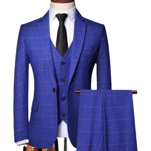 Jackets+Vest+Pants) Brand clothing Men High Quality cotton business three-piece suit/Male slim plaid groom dress Blazers S-6XL