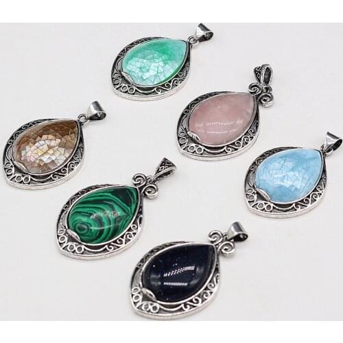 Natural Stone Pendant Water Drop Shape Rose Quartzs Malachites Pendant for Making Women Jewerly DIY Necklace Gift Size 35x45mm