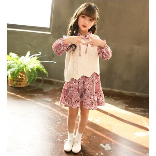 New girls spring and autumn dress small floral dress + irregular sweater two-piece large childrens long-sleeved girl tide