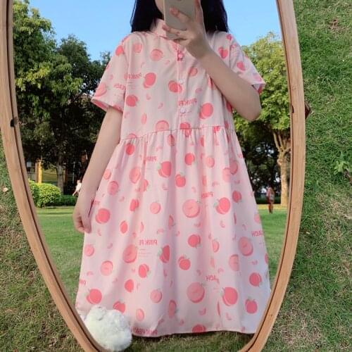 Lolita Japanese soft sister Feng Pink peach printed lapel girl short-sleeved dress student summer sweet chiffon dress