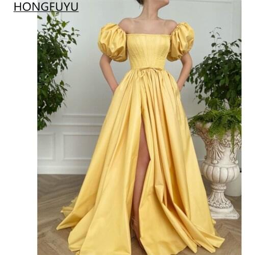 HONGFUYU Yellow Taffeta Prom Dresses with Pockets A Line Puffy Short Sleeves Evening Party Gowns robes de soirée Corset Back