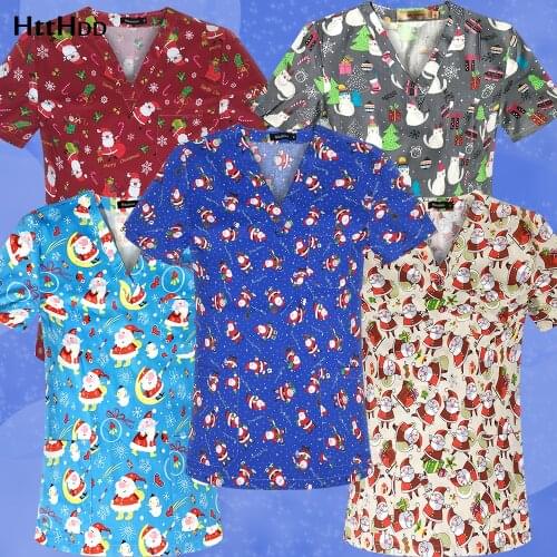 Christmas scrub Top Multicolor Print High Quality Pure Cotton Unisex Nurse Spa Womens Uniform Short Sleeve V-neck Lab Clothing