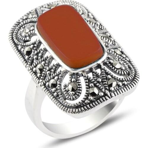 Silver 925 Sterling Red Agate & Marcasite Ring