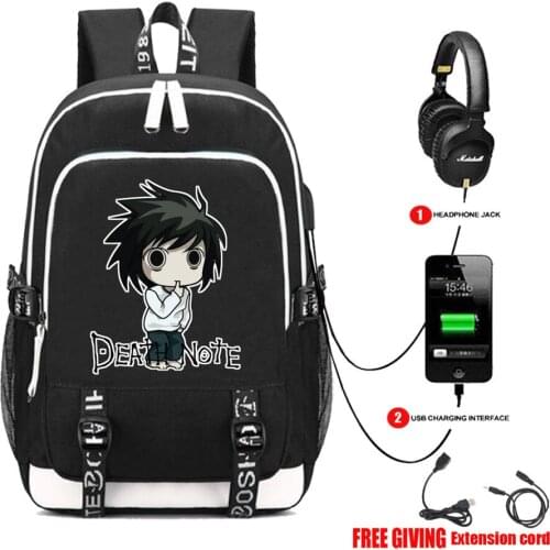 USB Charge Headphone Jack Laptop Bags Teens School book bag Multifunction Travel Bags for anime Death Note L Backpack 13 style