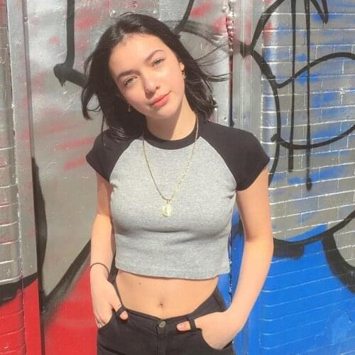 Ladies Fashion T-Shirt Crew Neck Short Sleeve Tops Womens Cropped Top Solid Color Club Streetwear Tee