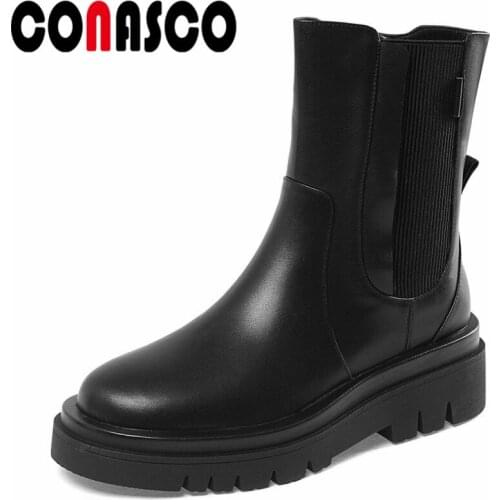 CONASCO Fashion Punk Women Ankle Boots Autumn Winter Warm Cow Leather Party Basic Prom Office New Punk High Quality Shoes Woman