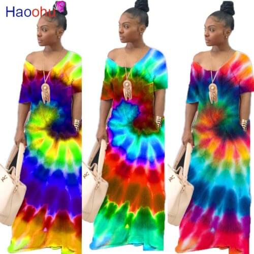 HAOOHU Club Party Tie Dye Printed Sundress Women V Neck Short Sleeve Floor Length Dresses Holiday Loose Beach Dresses Plus Size