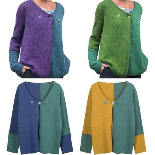 Women Autumn Long Sleeve Knitted Color Block Patchwork V-Neck Sweater Coat Button Split Open Front Loose Jumper