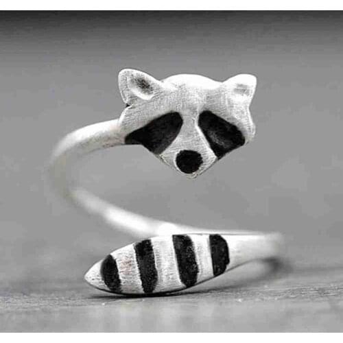 Raccoon Open Ring Silver Color Cute Animal Opening Rings Raccoon Fox Tail Ring Adjustable Jewelry Ladies Birthday Gift Wholesale