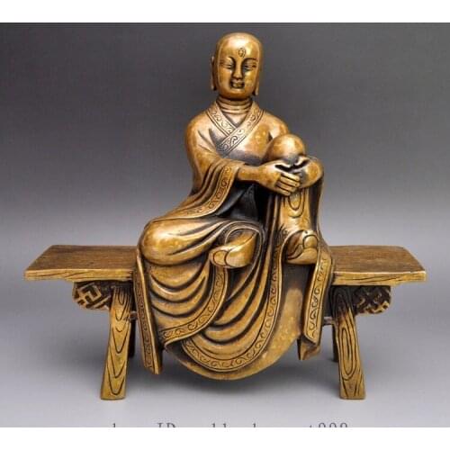 8"Tibet Bronze Kshitigarbha Sit wooden stool Comfortable arhat Buddha Statue