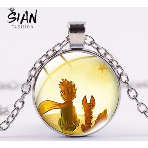 SIAN Little Prince And Fox Pendant Necklace New Pattern Classic Literature Cartoon Figure Prince Glass Round Silver Color Chains