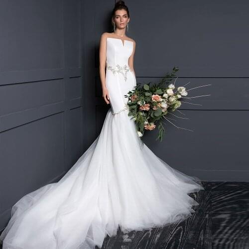 Beading Crystal Shiny White Mermaid Wedding Dress Vestido De Noiva Sereia Button Up Back Satin Tulle Trumpet Gowns Boda