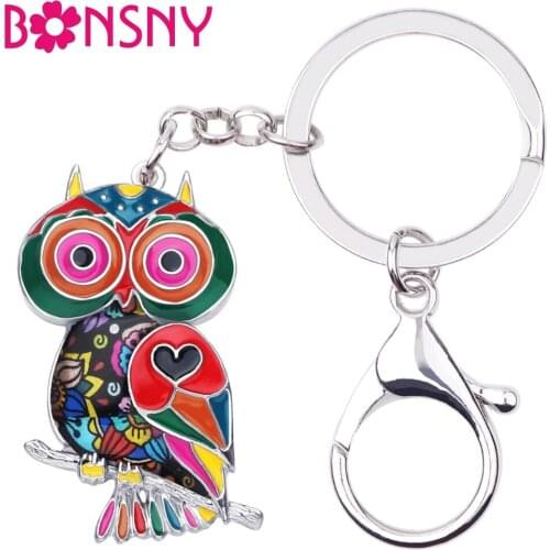 Bonsny Enamel Floral Owl Bird Key Chain Keychains Rings Fashion Animal Jewelry For Women Girls Gift Bag Charms Car Pendant Party