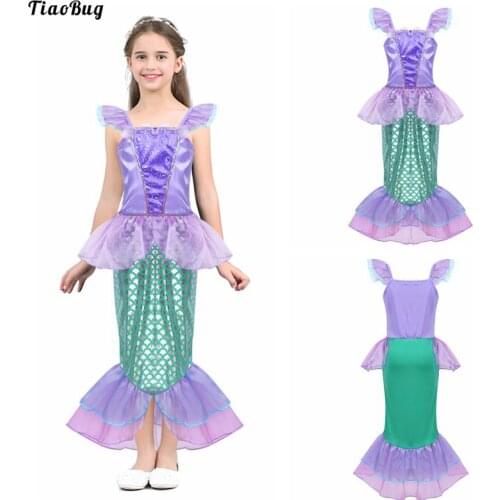 TiaoBug Kids Girls Mermaid Cosplay Halloween Party Dress Up Photography Costume Cap Sleeves Sequins Mermaid Scales Printed Dress