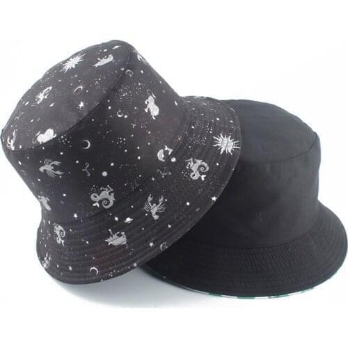 Constellation Galaxy Stars Print Reversible Bucket Hat Panama Hat Cap Summer Sun Hats for Women Men Cotton Double Side Wear New