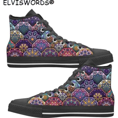 ELVISWORDS Ornament Floral Design Classic Ladies High Top Canvas Vulcanized Shoes Comfortable Walking Shoes for Women New