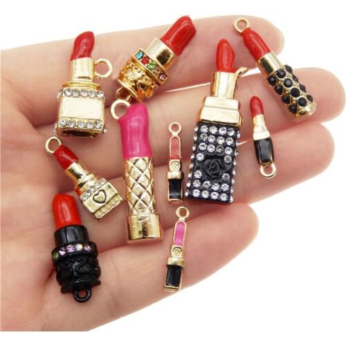 Julie Wang 10PCS Mixed Enamel Lipstick Charms Rhinestones Alloy Gold Tone Necklace Bracelet Jewelry Making Accessory