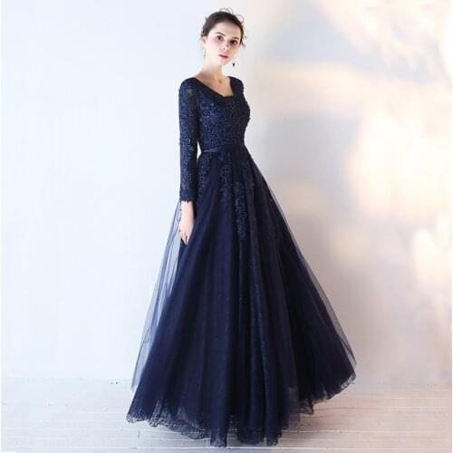 Ezkuntza Evening Dress Long Sleeve Classic Navy Blue Lace Applique Lace Up Long Slim Evening Party Gown Plus Size Formal Dresses