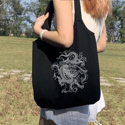 Punk Harajuku Canvas Shoulder Bags for Woman Cotton Shopping Bags Soft Large Handbag Casual Cotton Cloth Tote Bag Ladies Shopper