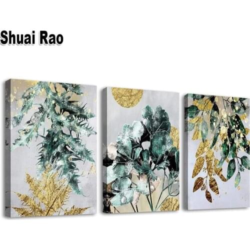 Pictures Of Rhinestones,Golden Green Leaves diy Diamond Embroidery 3 Piece Pattern Diamond Painting Full Square Round Drill