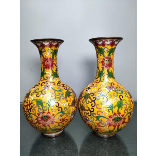 9"Chinese temple collection Old Bronze Cloisonne Enamel Blooming Flask vase A pair Ornaments Town House Exorcism