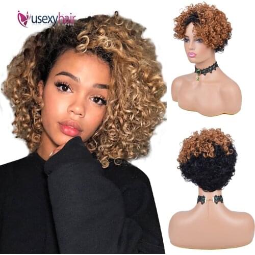 Short Pixie Cut Wig For Black Women 180 Density Brazilian Remy Human Hair Wigs Full Machine Made Afro Wigs Ombre Brown Wig