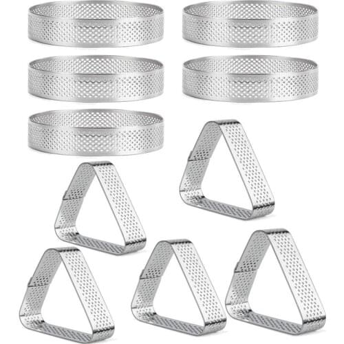 10Pcs Round & Triangular Stainless Steel Tart Ring Tower Pie Cake Mould Baking Tools Perforated Dessert Cake Mousse Ring
