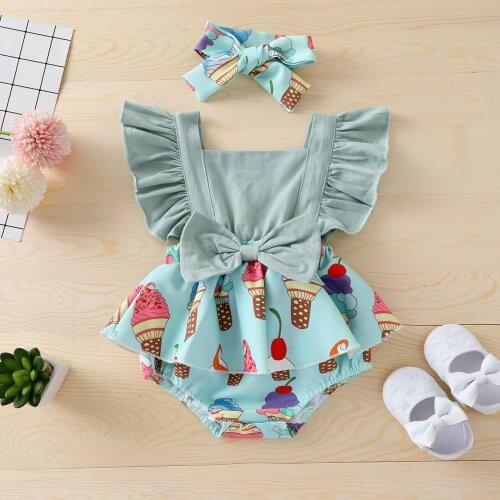 Infant Baby Girls Summer 2Pcs Romper Outfit Ice Cream Print Square Neck Ruffled-Sleeve Jumpsuits + Hairband Backless Playsuits