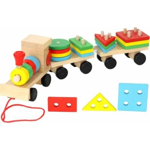 Montessori Wooden Toys Vehicle Puzzles Train Educational Kids Baby Wooden Solid Wood Stacking Train Toddler Puzzle For Children