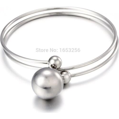 In bulk 2pcs Lot Shiny Stainless Steel Round Ball Charms Bracelet Bangle Jewlery Women Fashion Party Jewelry