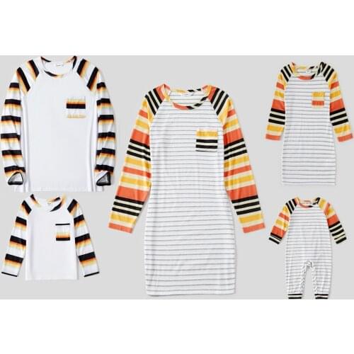 PatPat Family Matching Multicolor Striped Raglan Long-sleeve Dresses and T-shirts Sets