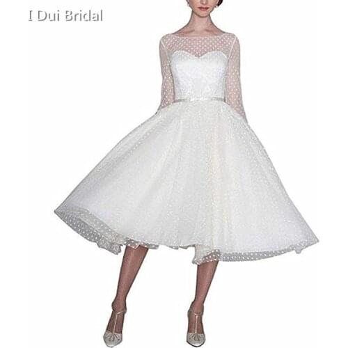 Tea Length Long Sleeve Wedding Dress with Dot Tulle Layer Illusion Neckline Little White Bridal Gown