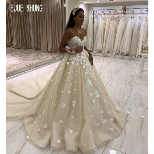 EJUE SHUNG Newest Country Wedding Dresses Spaghetti Straps Open Back 3d Floral Appliques Wedding Gowns Bride Dresses Custom Made
