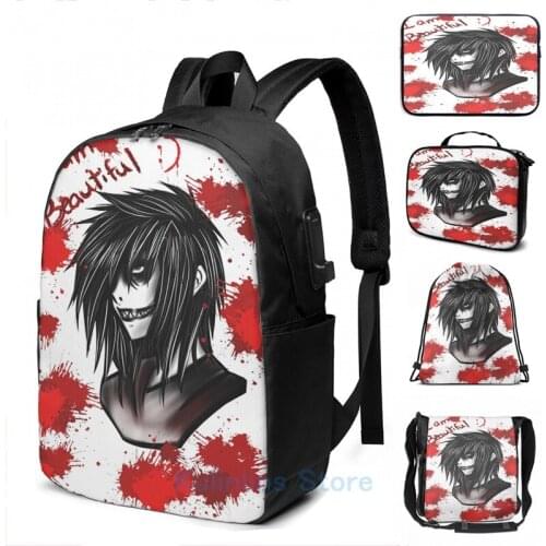 Funny Graphic print Jeff the Killer USB Charge Backpack men School bags Women bag Travel laptop bag