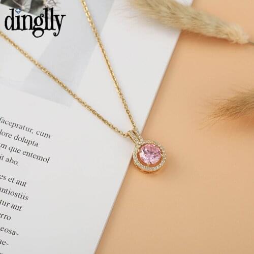 Golden Stainless Steel Chain Pink Stone Pendant Necklace For Women Original Fine Cubic Zirconia Charm Necklace Does Not Fade