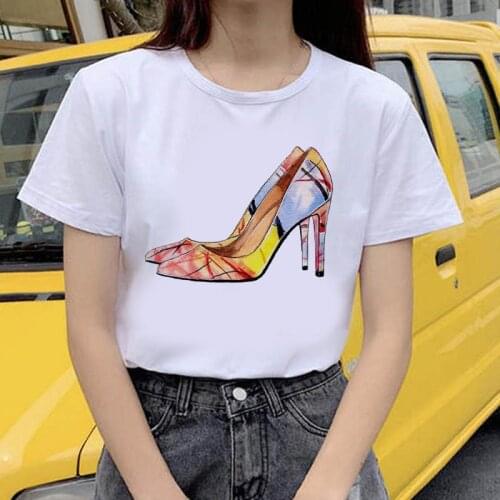 Womens T-shirt high-heeled shoes fashion graphic T-shirt women Fashion Soft Casual White T shirts Tops
