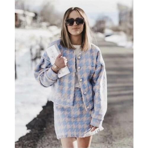 Women Pearl Button Check Mini Short Skirts Long Sleeve Suits Gingham Plaid Blazer Single Breasted Jackets Tassels Mini Skirts