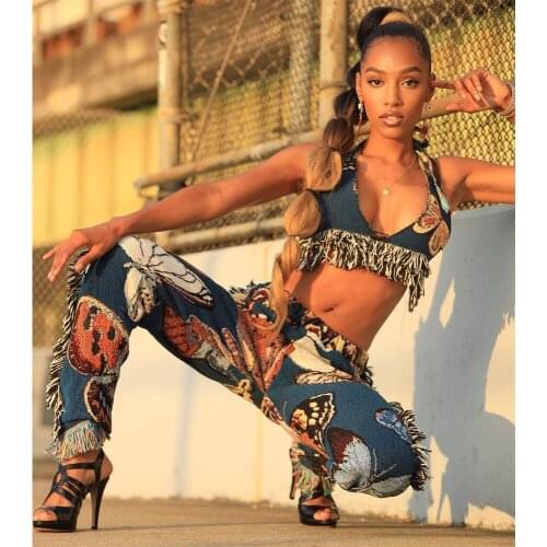 Womens Set Summer Butterfly Club Outfits Halter Neck Backless Crop Top and Side Tassel Jogger Sweatpant Matching Set 2 Pcs Set