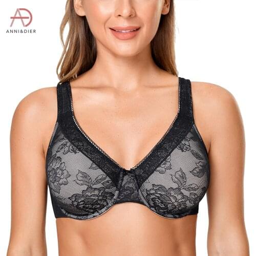 Womens Sexy Full Coverage Minimizer Mesh Floral Lace Bra Smooth Plus Size No Padded Underwire Underwear
