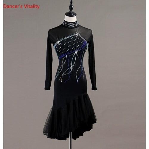 Professional Women Latin Dance Dress Luxury Diamonds Long Sleeves Ruffles Dresses Adult Latin Ballroom Dance Performance Costume