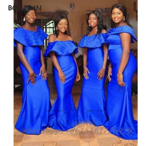 2021 Mermaid Bridesmaid Dresses Off-The-Shoulder Black Girls Bridesmaid Dress Floor Length Wedding Party Dress for Womens