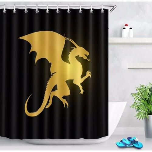 72'' Golden Dragon on Solid Black Bathroom Fabric Shower Curtain Liner Waterproof Polyester Curtain Sets & 12 Hooks