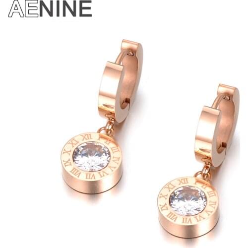 AENINE Fashion AAA Cubic Zirconia Round Roma Number Stainless Steel Earrings Charming Jewelry For Women Girls Pendientes AE18041