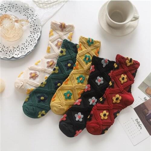 Off White Socks Cotton Floral Print Japan Cute Korean Fashion Trend Fancy Color Socks For Girls Soft Kawaii Lolita Frilly Casual