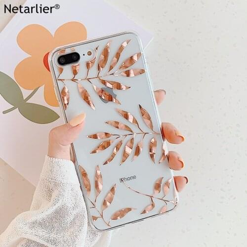 Netarlier New Fashion Clear IMD Case For iPhone 8 7 Plus X XR Xs Max Electroplated Rose Gold Branches leaves Glossy Cover Capa