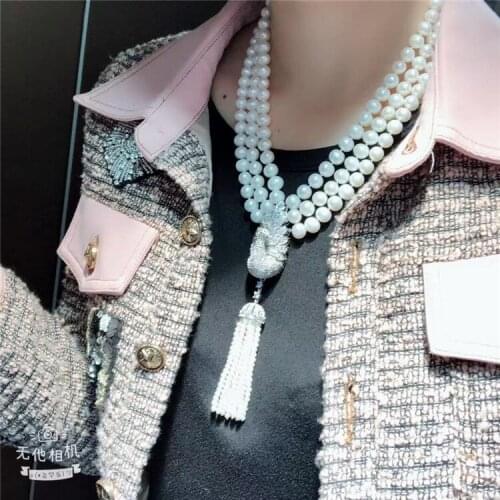 Hot style 3strands 8-9mm white freshwater pearl micro inlay zircon dove flower accessories tassel pendant necklace 45-50cm